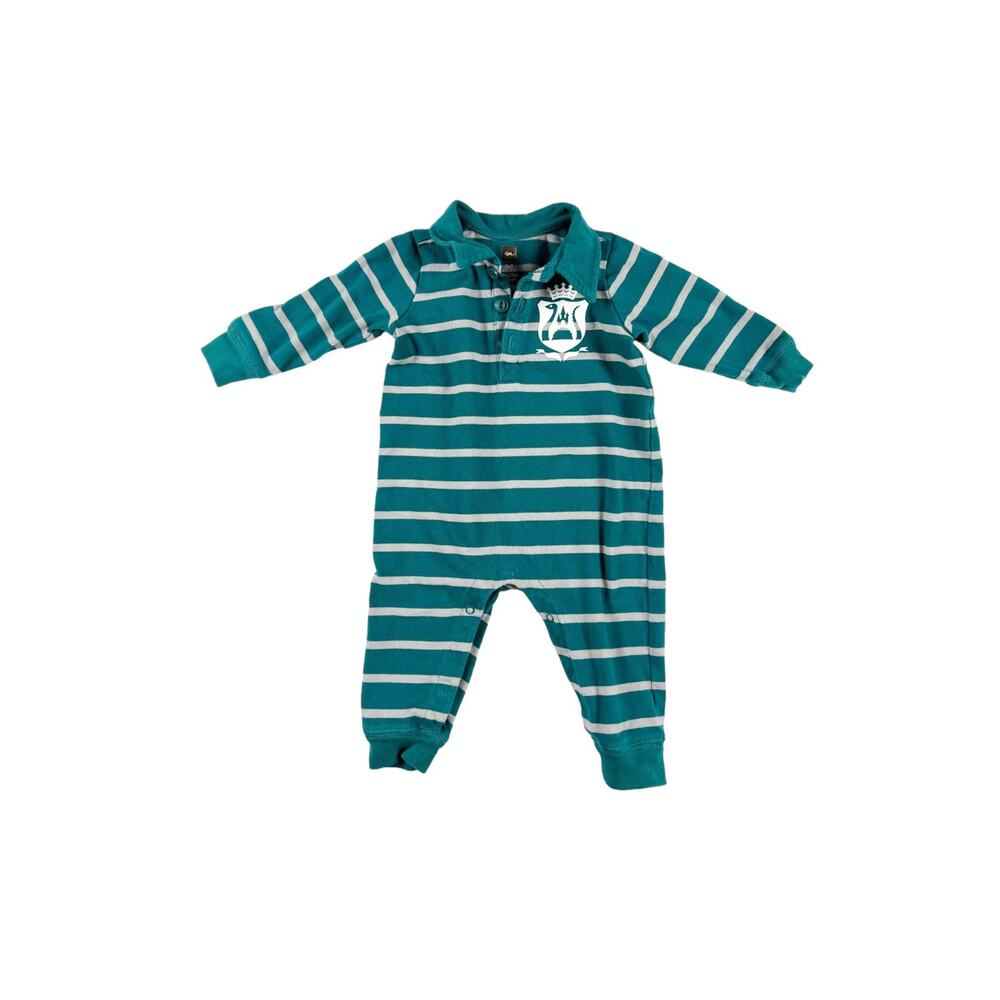 Tea Collection Ogma Polo Romper Teal Striped 3-6 Months